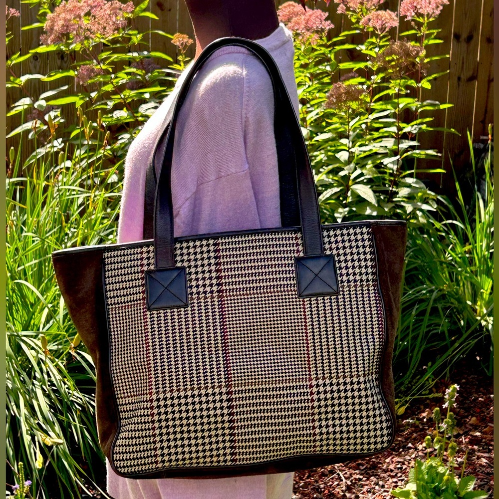 RALPH LAUREN tote/work/travel bag-brown plaid-suede/leather-3 sections inside